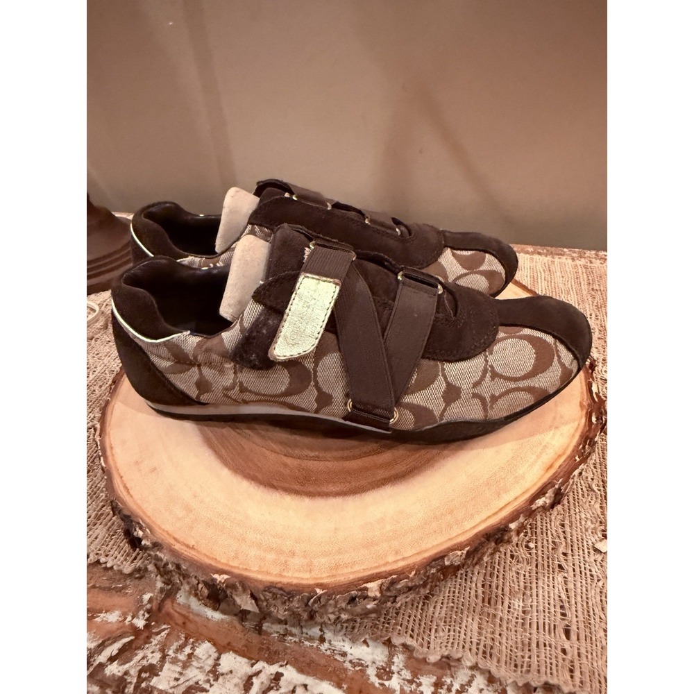 Coach Kyrie Signature Logo Canvas Suede Athletic Sneaker Women's 6.5M Brown Gold - Picture 4 of 16